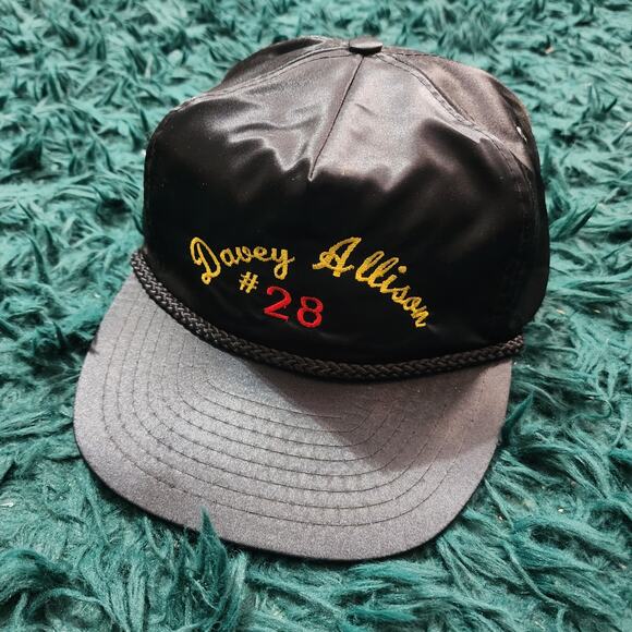 Vintage Davey Allison #28 NASCAR Snapback Hat Black Nylon Racing Cap Nissin USA - Picture 2 of 6